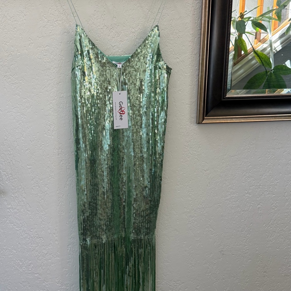 GéGée Green Sequin Fringe Midi Dress